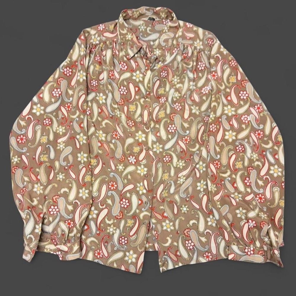 Vintage 70s Its Gailord Floral Paisley Disco Shirt Womens XL Brown Long Sleeve